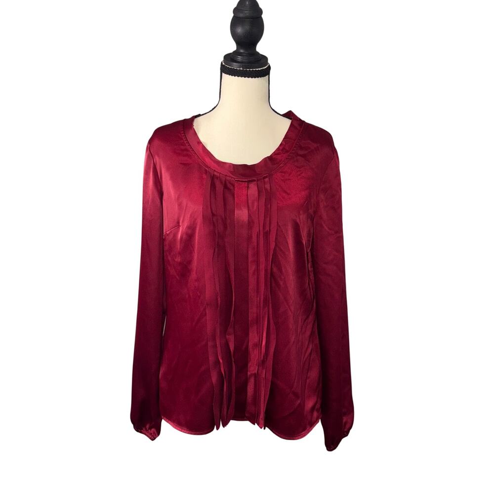 Kasper Womens M Red Burgundy Lux Satin Pleated‎ Shell Blouse